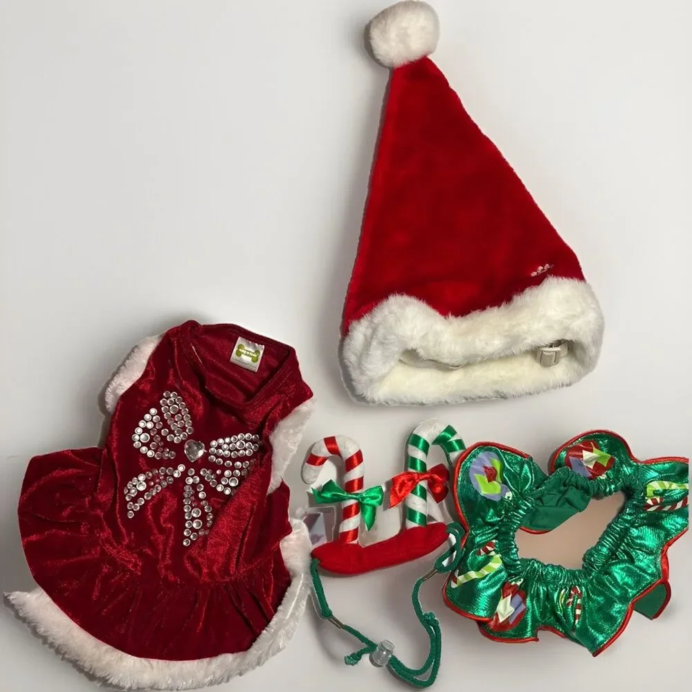Dog Christmas Dress Lot Hat Candy Cane Ears Neck Ruffle Red Green Size Small